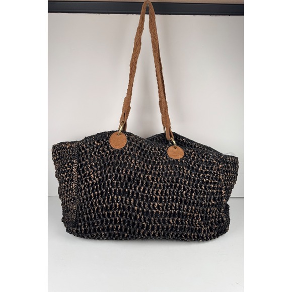 Free‎ People Getaway Tote Bag Purse Large Woven Braided Raffia Black Tan Casual - Picture 2 of 7